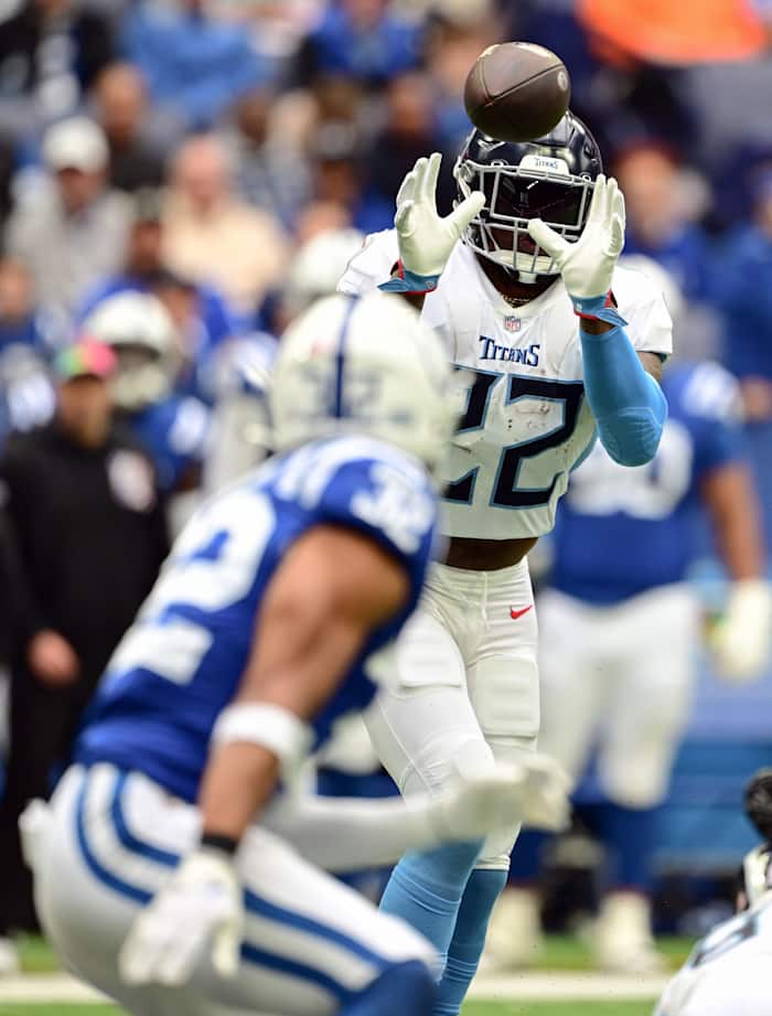 Tennessee Titans running back Derrick Henry (22) catches a pass against the Indianapolis Colts at Lucas Oil Stadium.